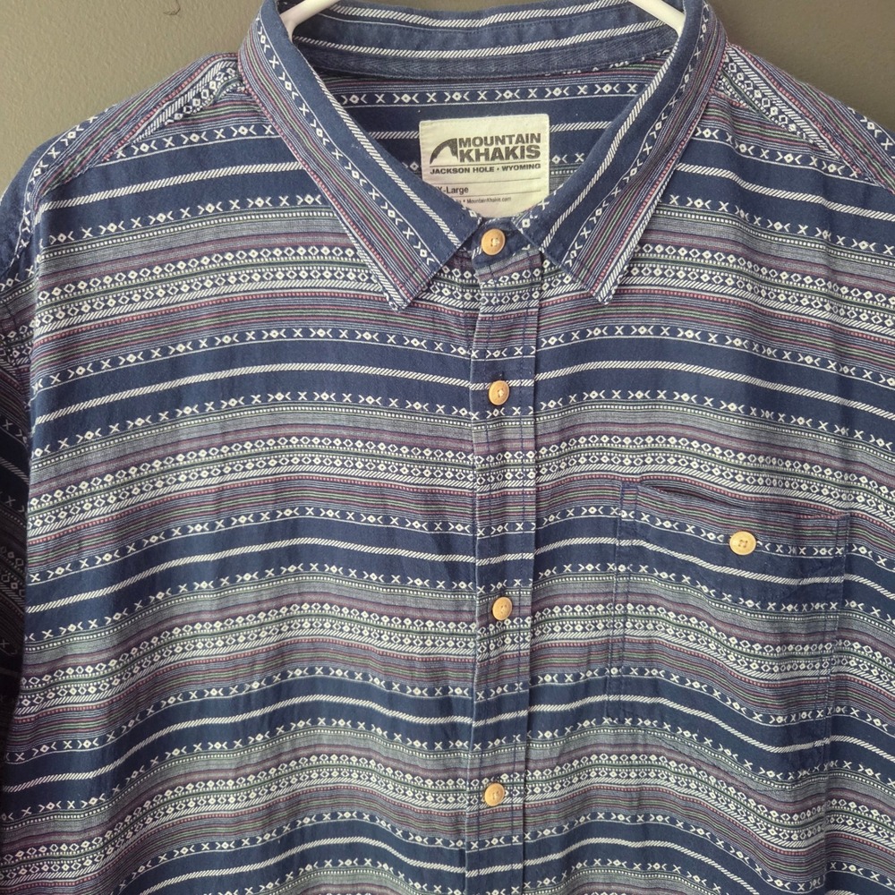 Mountain Khakis‎ Mens XXL Blue Geometric Tribal Stripe Cotton Short Sleeve Shirt